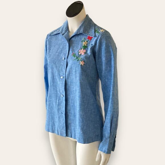 Pull Blue button up floral Embroidery Small - Picture 2 of 8